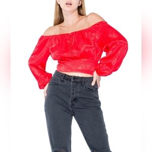 AFRM Jonas Satin Off the Shoulder Top in Rouge size S